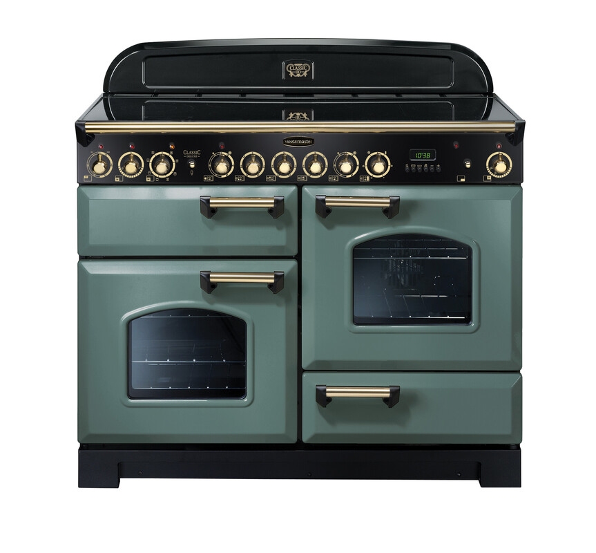 Rangemaster Classic Deluxe CDL110ECMG/B 110cm Electric Range Cooker with Ceramic Hob – Mineral Green / Brass – A/A Rated #390692